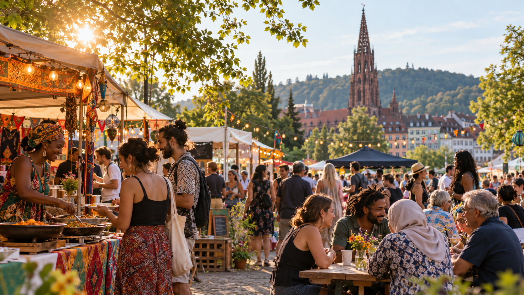 Multikulturelle Sommerszene im öffentlichen Raum in Freiburg im Breisgau.